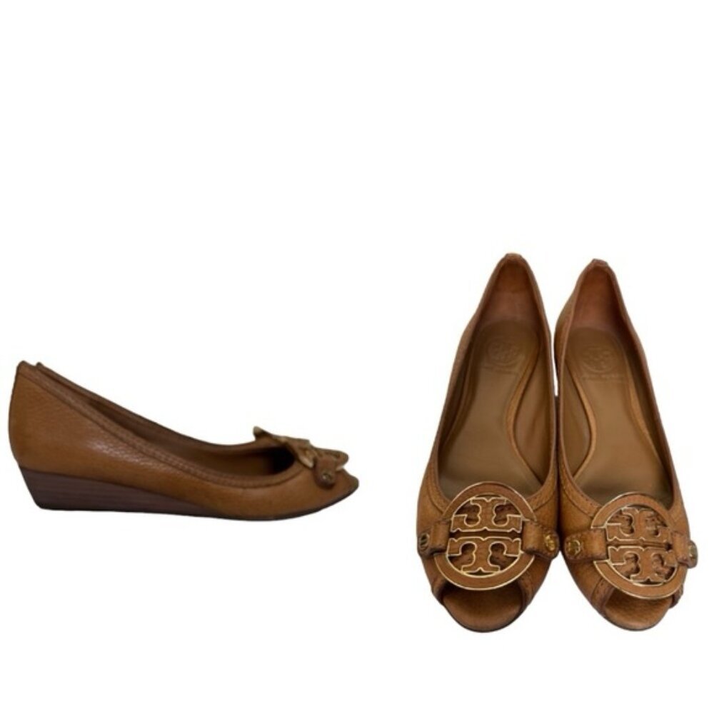 TORY BURCH Amanda Miller Leather Peep Toe Logo Low Wedge Heels Pebble Gold Tan